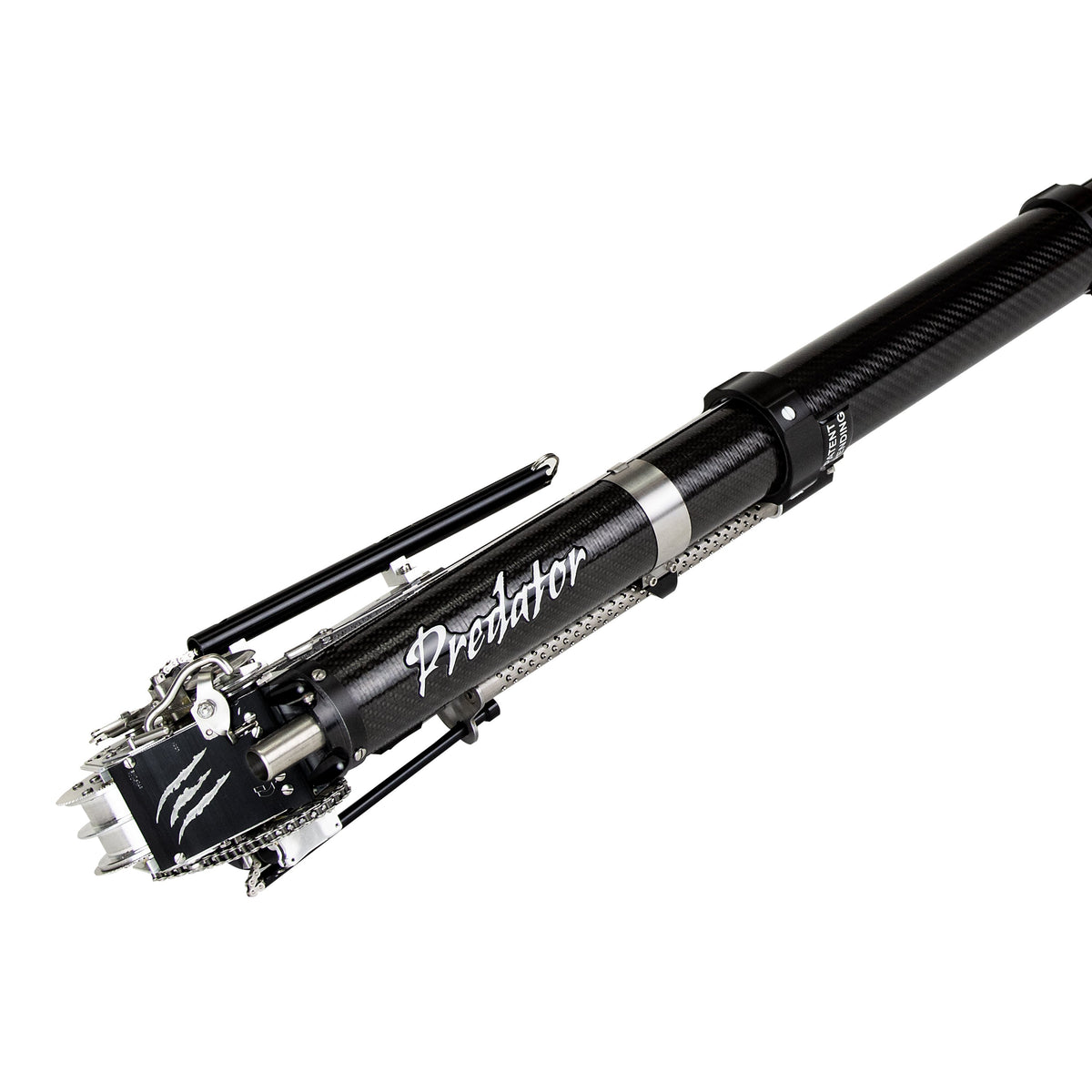 Close-up of Columbia Sawed Off Predator Automatic Taper with black carbon fiber body and steel components