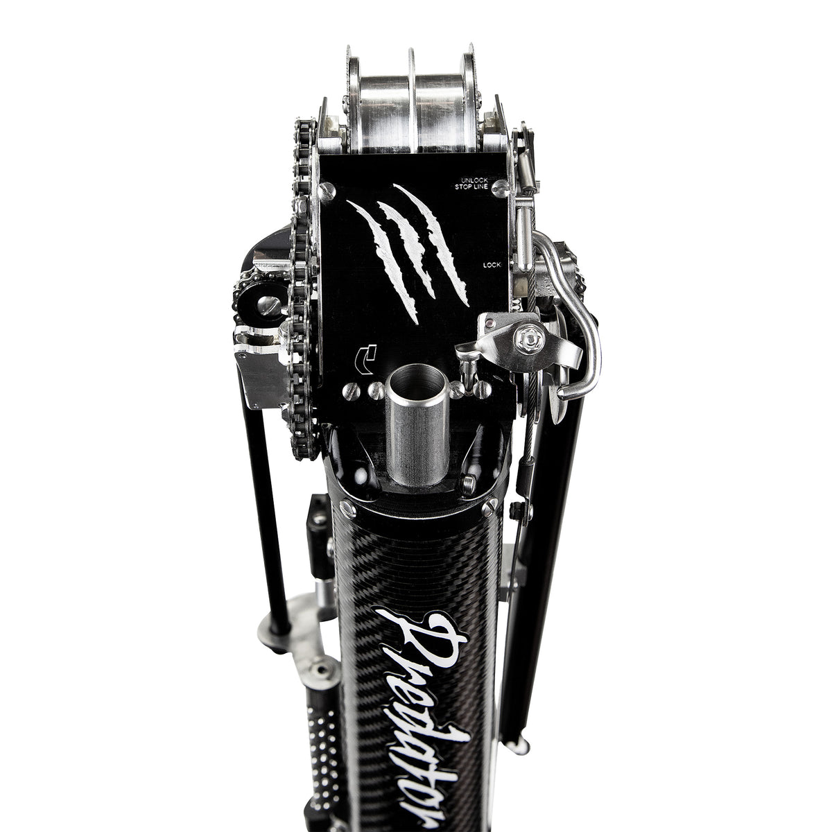 Close-up of Columbia Predator Taper head with predator logo, black carbon fiber body and steel blades